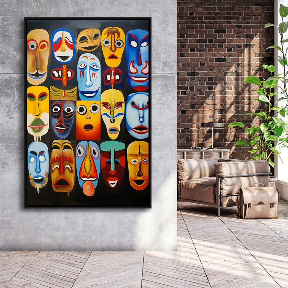Painting Diffirent Mask Native American Abstract Framed Canvas Prints Wall Art Home Decor, Painting Canvas, Floating Frame