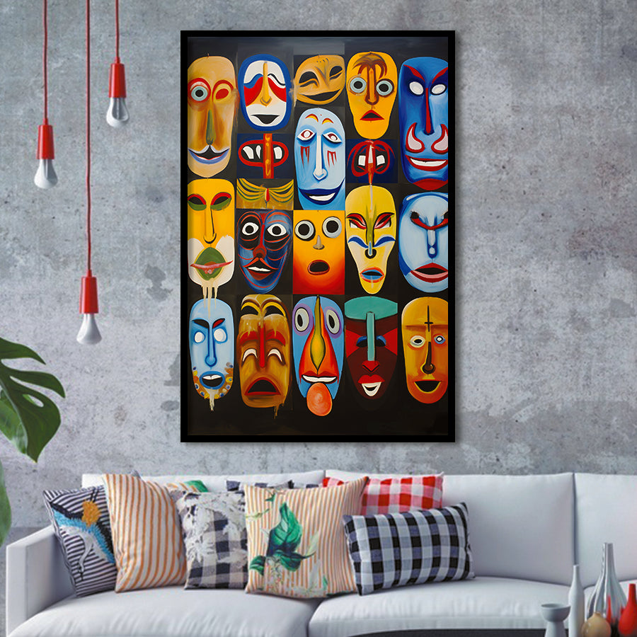 Painting Diffirent Mask Native American Abstract Framed Art Prints Wall Decor, Painting Art, Framed Picture