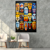 Painting Diffirent Mask Native American Abstract Framed Canvas Prints Wall Art Home Decor, Painting Canvas, Floating Frame