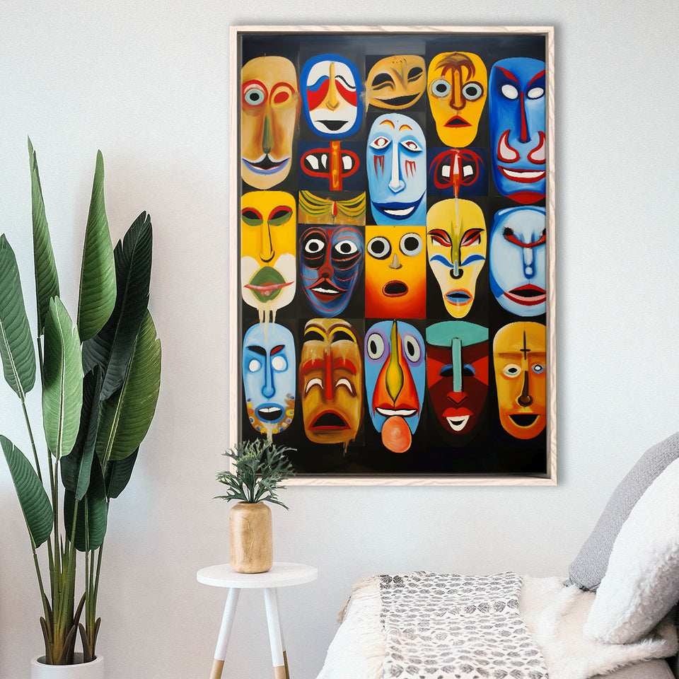 Painting Diffirent Mask Native American Abstract Framed Canvas Prints Wall Art Home Decor, Painting Canvas, Floating Frame