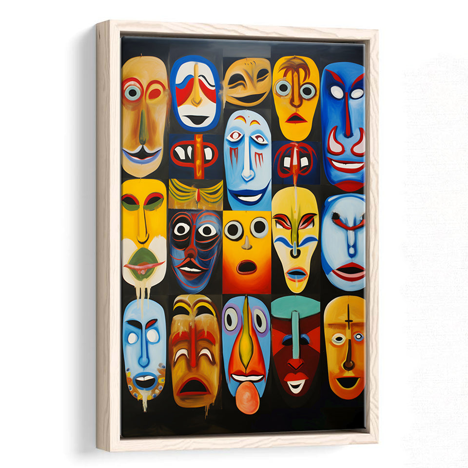 Painting Diffirent Mask Native American Abstract Framed Canvas Prints Wall Art Home Decor, Painting Canvas, Floating Frame