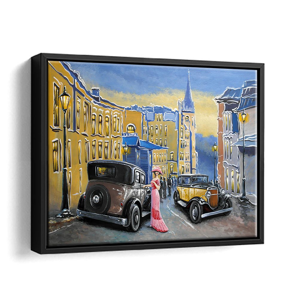 Paintings Landscape Old City Street And Old Auto Car Canvas Wall Art - Canvas Print, Framed Canvas, Painting Canvas