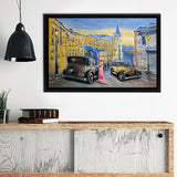 Paintings Landscape Old City Street And Old Auto Car Canvas Wall Art - Canvas Print, Framed Canvas, Painting Canvas