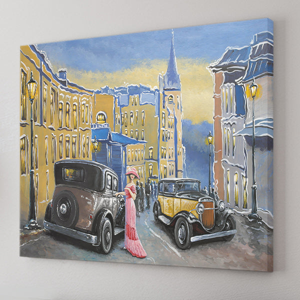 Paintings Landscape Old City Street And Old Auto Car Canvas Wall Art - Canvas Prints, Prints For Sale, Painting Canvas,Canvas On Sale