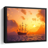 Pirate Ship Background Sunset Framed Canvas Prints Wall Art - Painting Canvas, Home Wall Decor, Prints for Sale,Black Frame