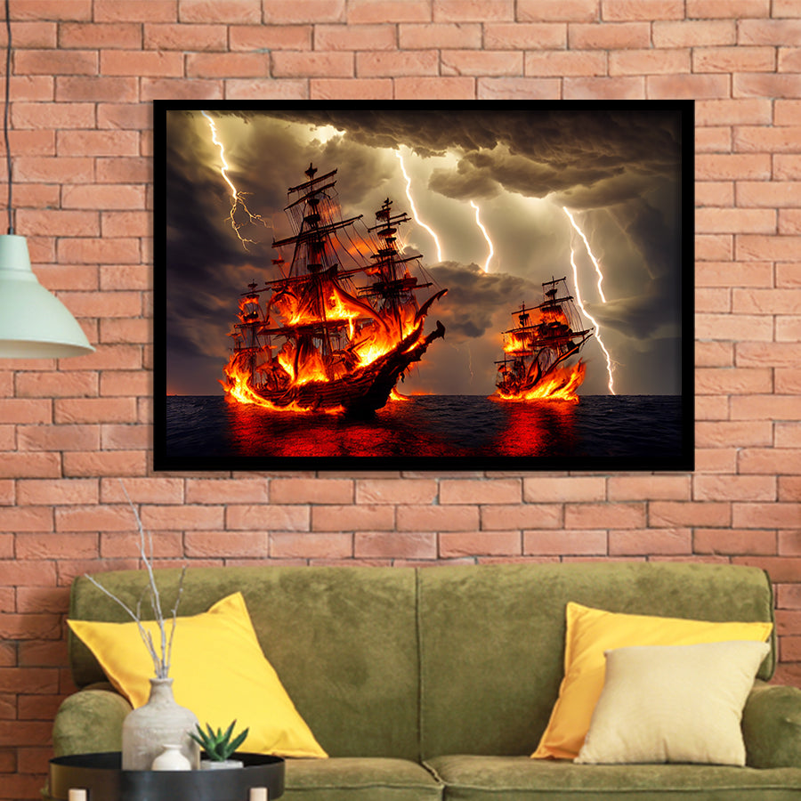 Pirate Ship Battle Fire Storm Is Comming, Framed Art Prints Wall Art Decor, Framed Picture
