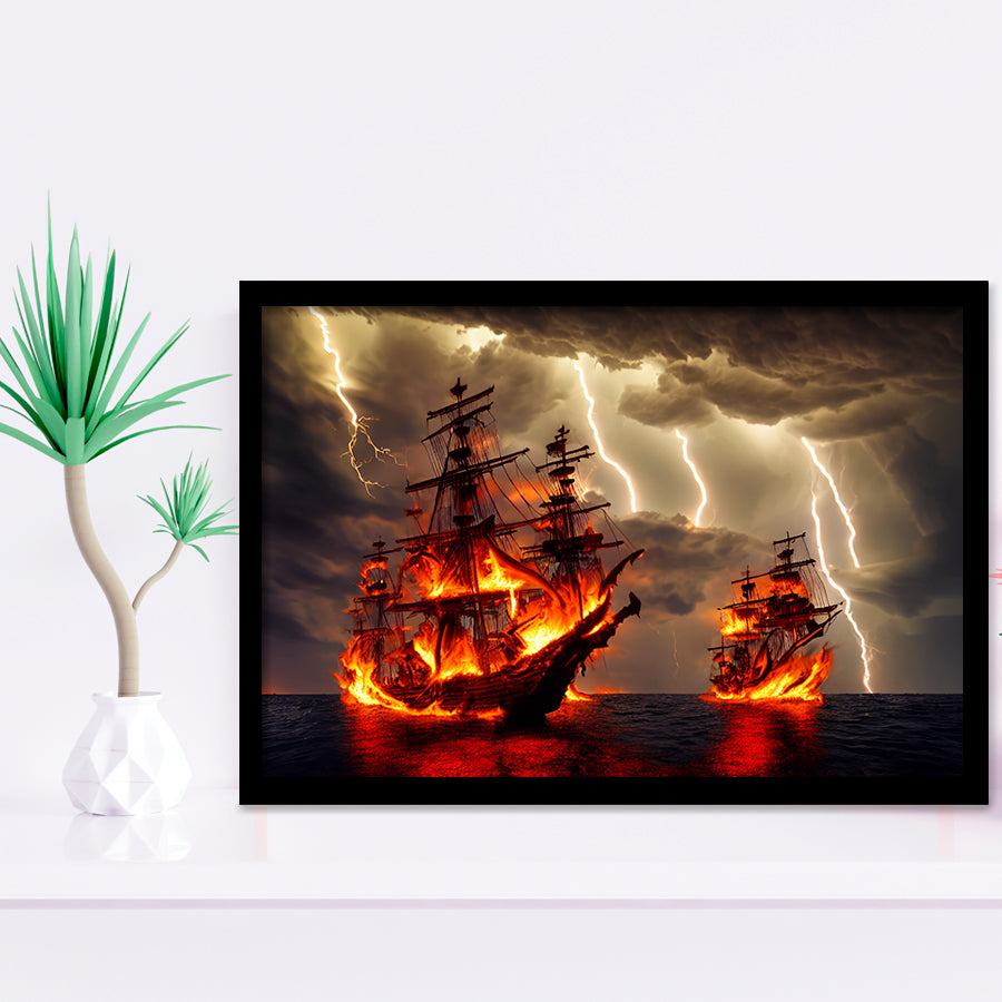Pirate Ship Battle Fire Storm Is Comming, Framed Art Prints Wall Art Decor, Framed Picture