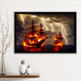 Pirate Ship Battle Fire Storm Is Comming, Framed Canvas Prints Wall Art Decor, Framed Picture