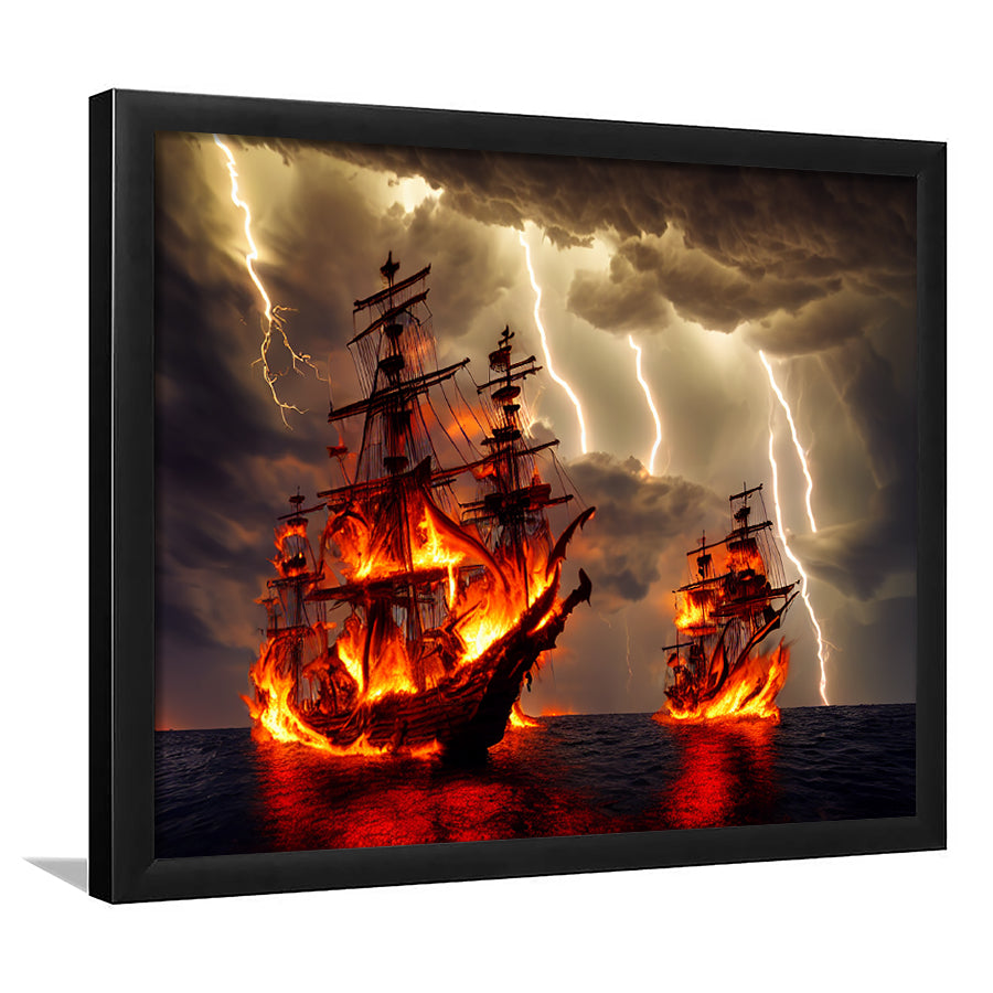 Pirate Ship Battle Fire Storm Is Comming, Framed Art Prints Wall Art Decor, Framed Picture