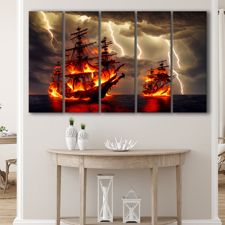 Pirate Ship Battle Fire Storm Is Comming, 5 Piece Canvas Prints Wall Art Decor, Multi Panels