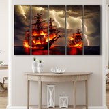 Pirate Ship Battle Fire Storm Is Comming, 5 Piece Canvas Prints Wall Art Decor, Multi Panels