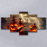 Pirate Ship Battle Fire Storm Is Comming, 5 Piece Canvas Prints Wall Art Decor, Multi Panels,Mixed Canvas