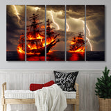 Pirate Ship Battle Fire Storm Is Comming, 5 Piece Canvas Prints Wall Art Decor, Multi Panels