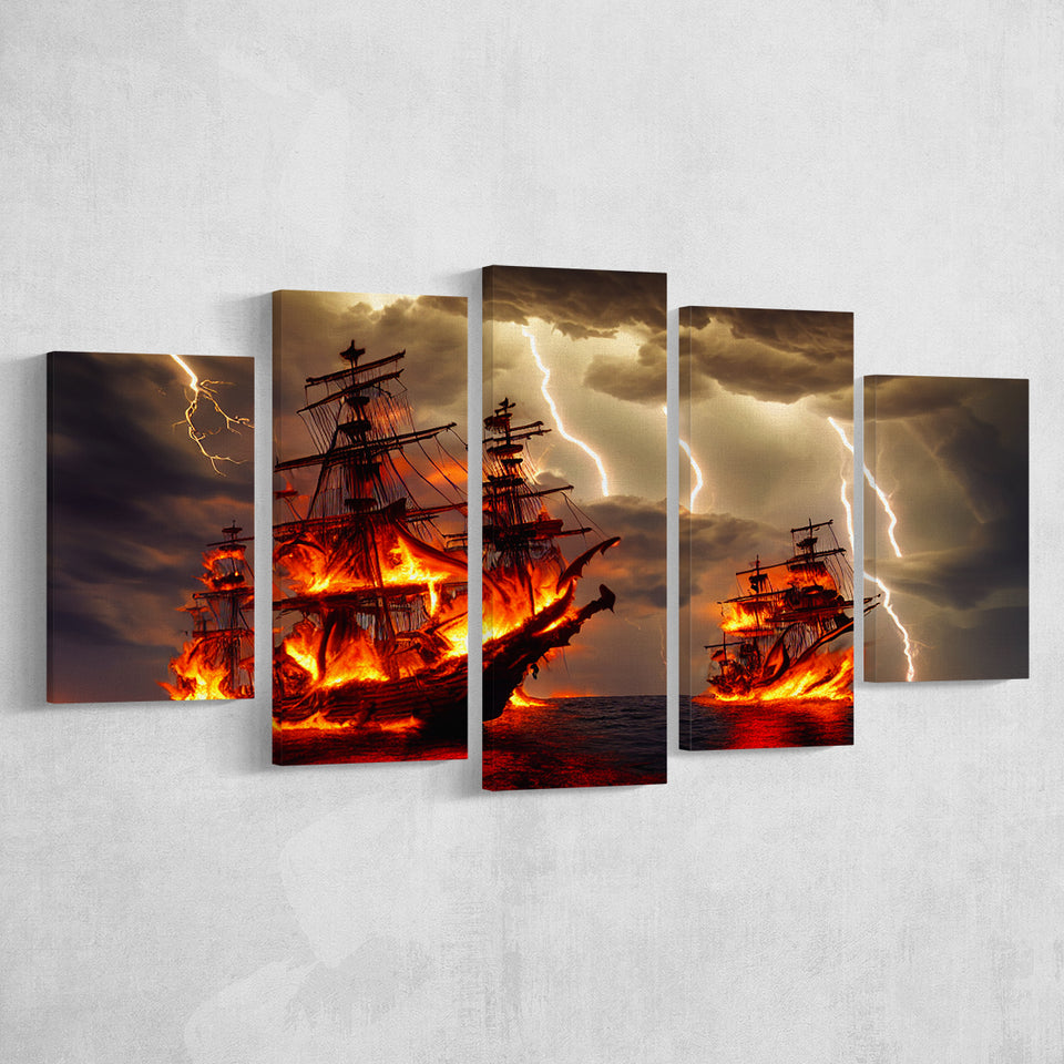 Pirate Ship Battle Fire Storm Is Comming, 5 Piece Canvas Prints Wall Art Decor, Multi Panels,Mixed Canvas