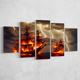Pirate Ship Battle Fire Storm Is Comming, 5 Piece Canvas Prints Wall Art Decor, Multi Panels,Mixed Canvas