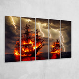 Pirate Ship Battle Fire Storm Is Comming, 5 Piece Canvas Prints Wall Art Decor, Multi Panels