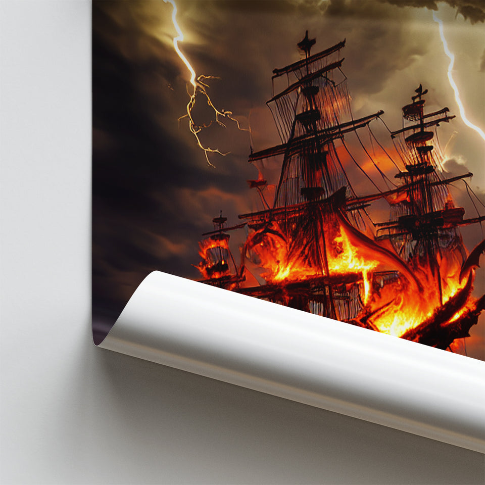 Pirate Ship Battle Fire Storm Is Comming, Poster Art, Poster Print Wall Art Decor