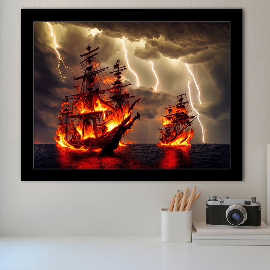 Pirate Ship Battle Fire Storm Is Comming, Framed Art Prints Wall Art Decor, Framed Picture