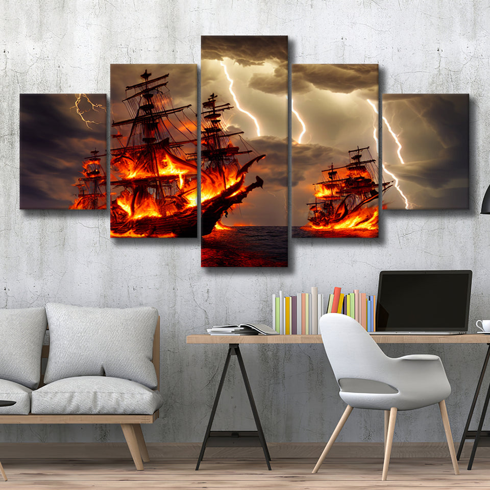 Pirate Ship Battle Fire Storm Is Comming, 5 Piece Canvas Prints Wall Art Decor, Multi Panels,Mixed Canvas