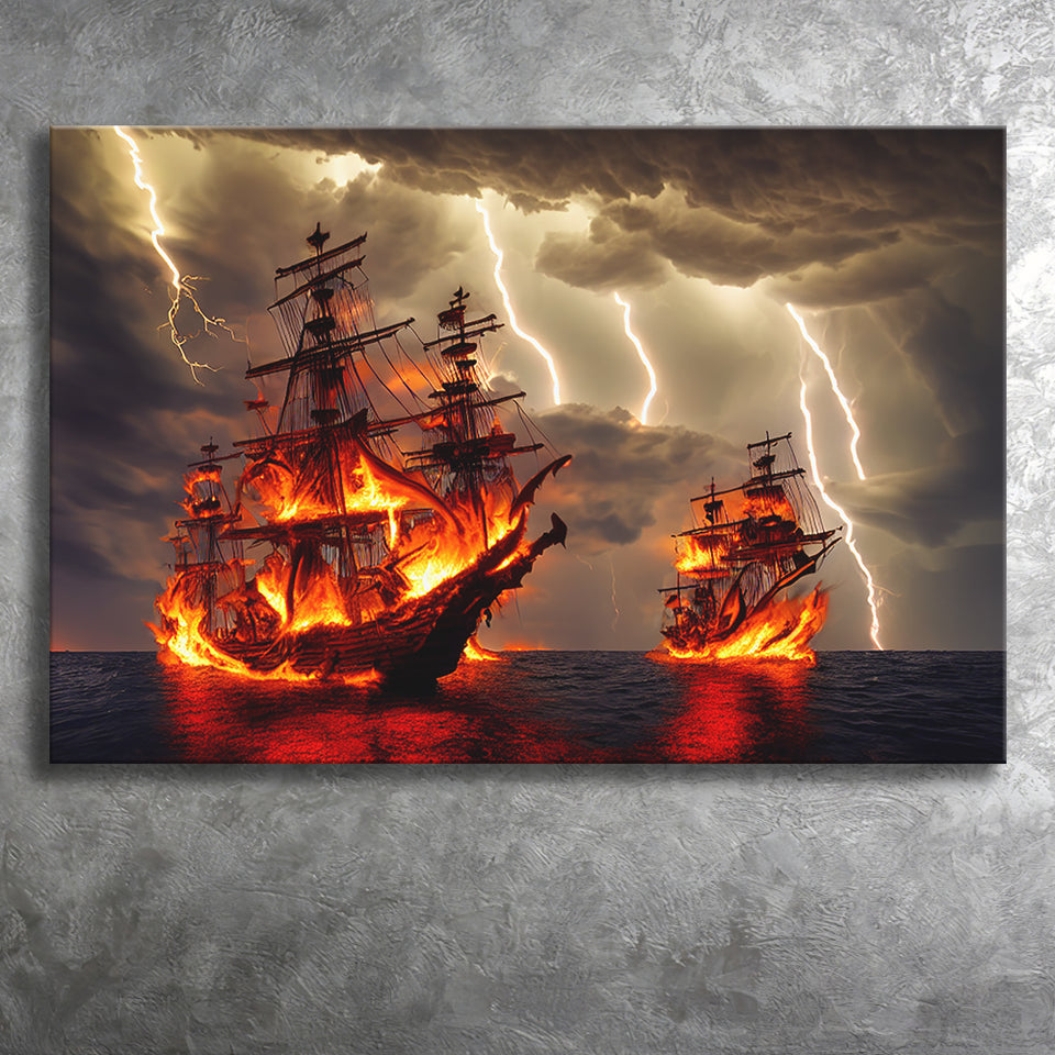 Pirate Ship Battle Fire Storm Is Comming, Canvas Prints Wall Art