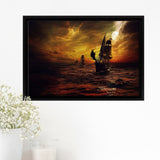 Pirate Ship Illustration Strom Sea Night Fantasy Framed Canvas Prints Wall Art - Painting Canvas, Home Wall Decor, For Sale,Black Frame