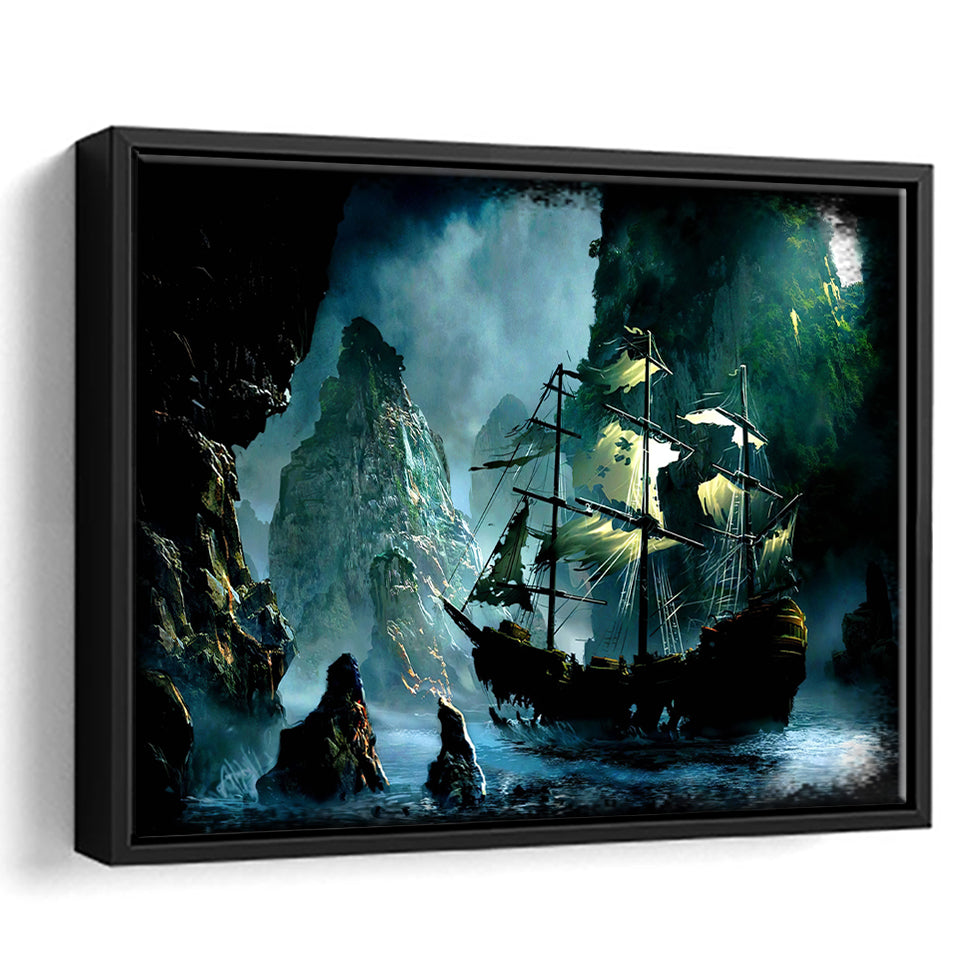 Pirate Ship In Cave Framed Canvas Prints Wall Art - Painting Canvas, Home Wall Decor, Prints for Sale,Black Frame