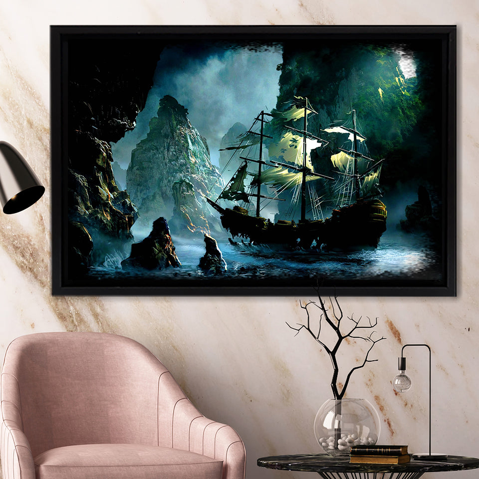 Pirate Ship In Cave Framed Canvas Prints Wall Art - Painting Canvas, Home Wall Decor, Prints for Sale,Black Frame