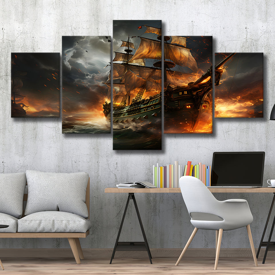 Pirate Ship Running Away 5 Panels Canvas Prints Wall Art Home Decor, Large Mixed Canvas
