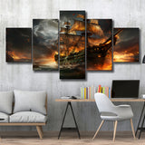 Pirate Ship Running Away 5 Panels Canvas Prints Wall Art Home Decor, Large Mixed Canvas