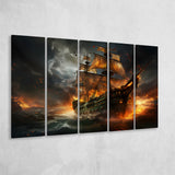 Pirate Ship Running Away 5 Panels B Canvas Prints Wall Art Home Decor, Extra Large Canvas