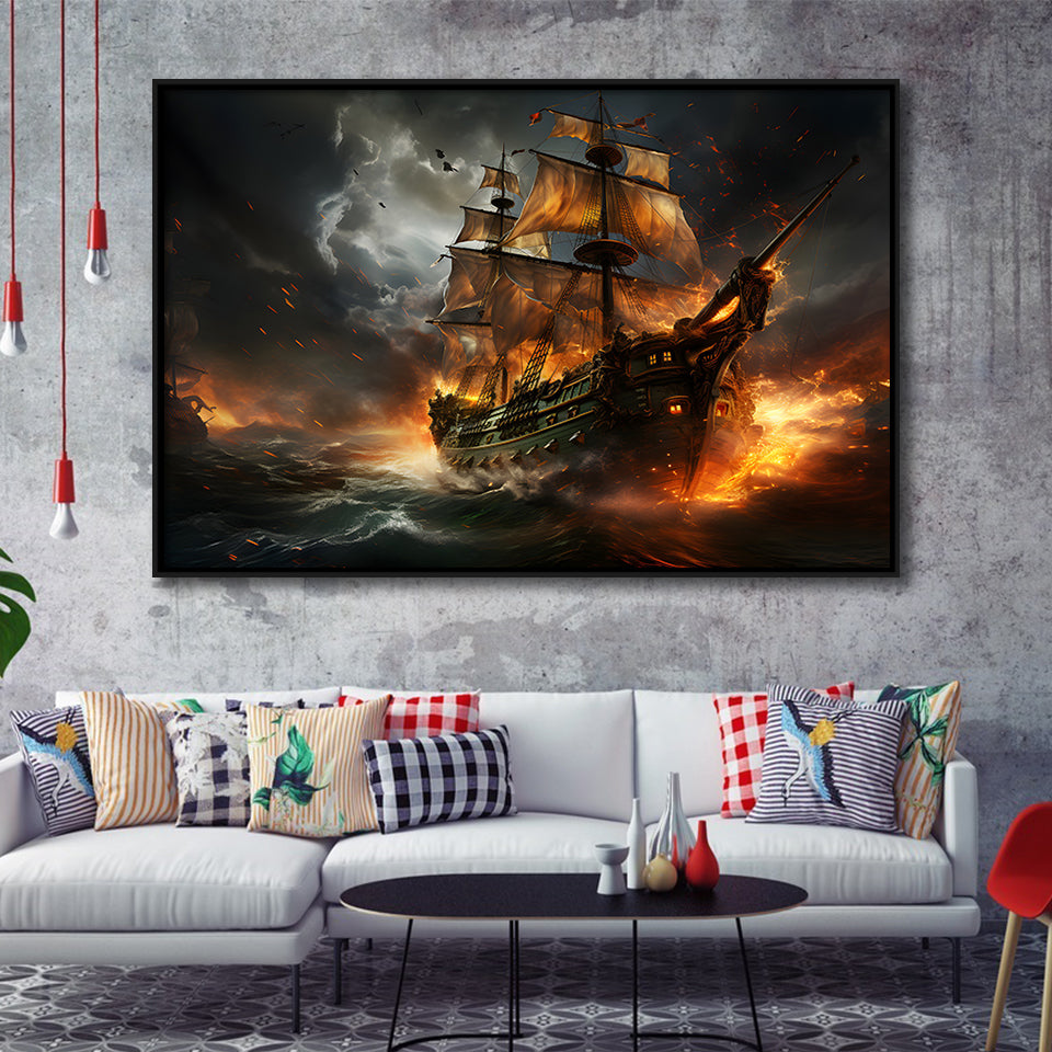 Pirate Ship Running Away Framed Canvas Prints Wall Art Home Decor, Painting Canvas, Floating Frame