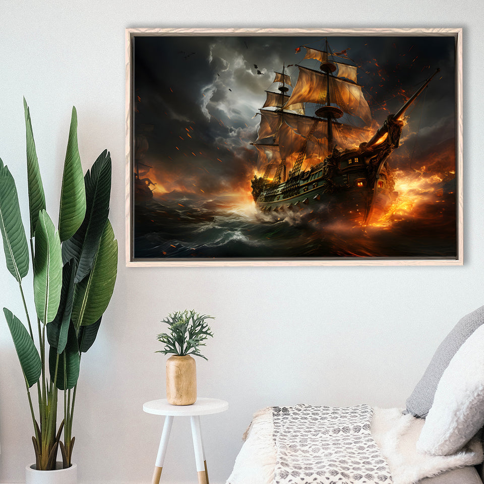 Pirate Ship Running Away Framed Canvas Prints Wall Art Home Decor, Painting Canvas, Floating Frame