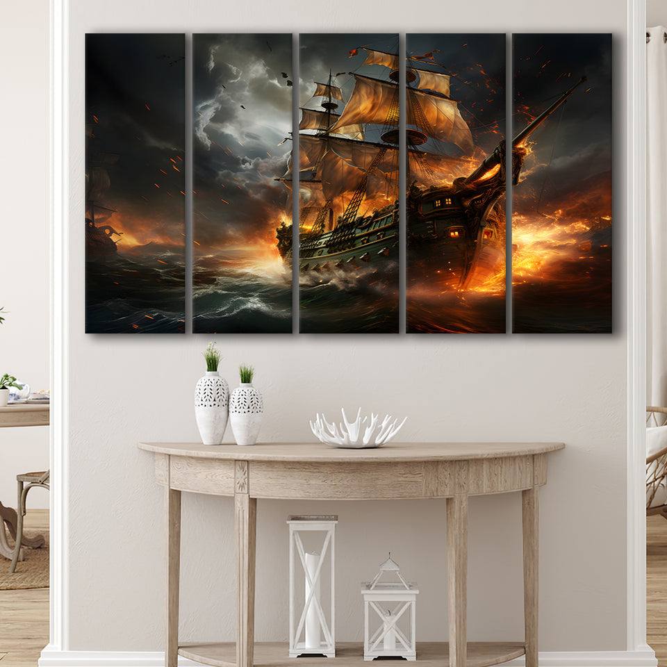 Pirate Ship Running Away 5 Panels B Canvas Prints Wall Art Home Decor, Extra Large Canvas