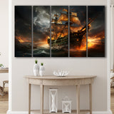 Pirate Ship Running Away 5 Panels B Canvas Prints Wall Art Home Decor, Extra Large Canvas