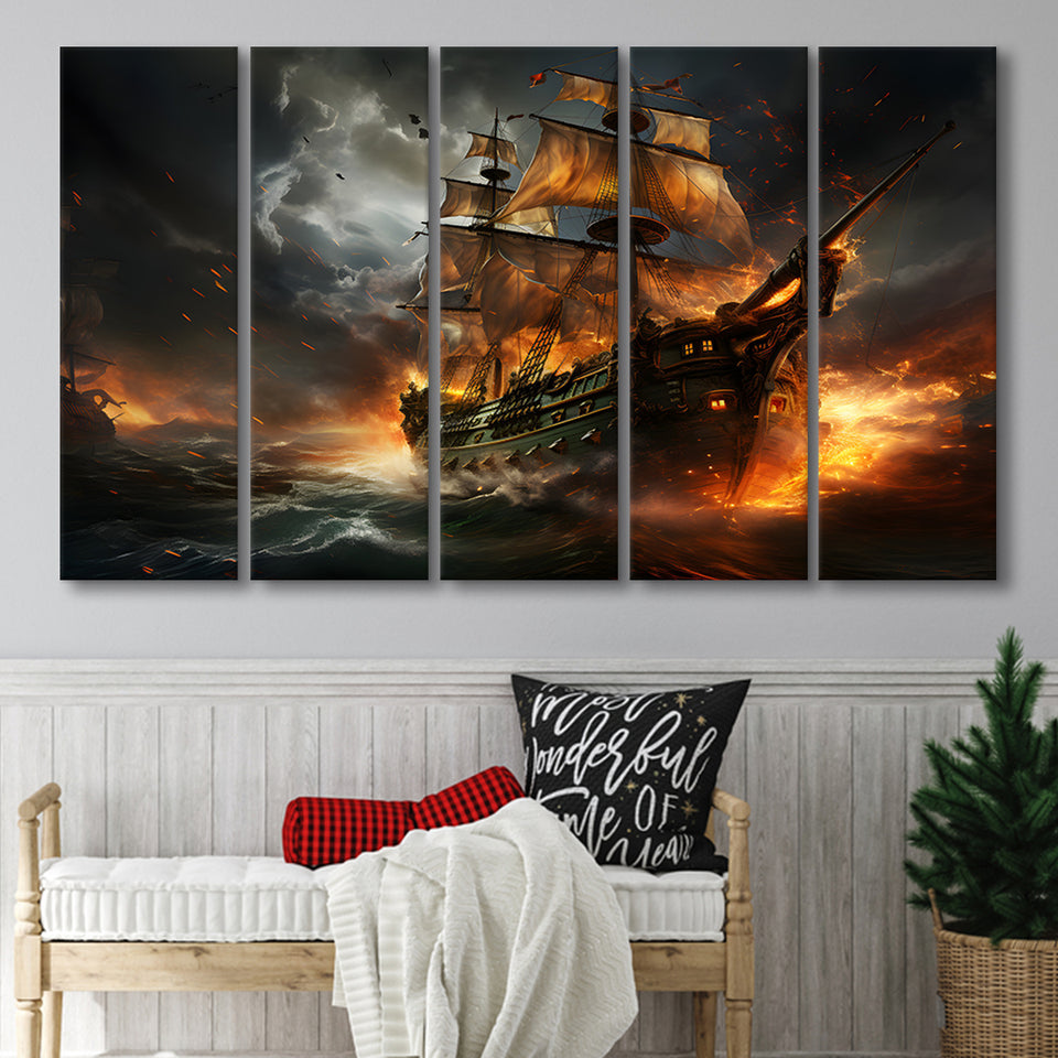 Pirate Ship Running Away 5 Panels B Canvas Prints Wall Art Home Decor, Extra Large Canvas