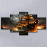 Pirate Ship Running Away 5 Panels Canvas Prints Wall Art Home Decor, Large Mixed Canvas