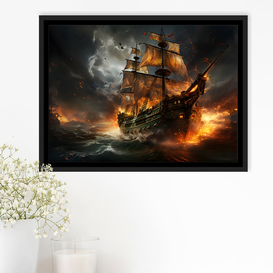 Pirate Ship Running Away Framed Canvas Prints Wall Art Home Decor, Painting Canvas, Floating Frame