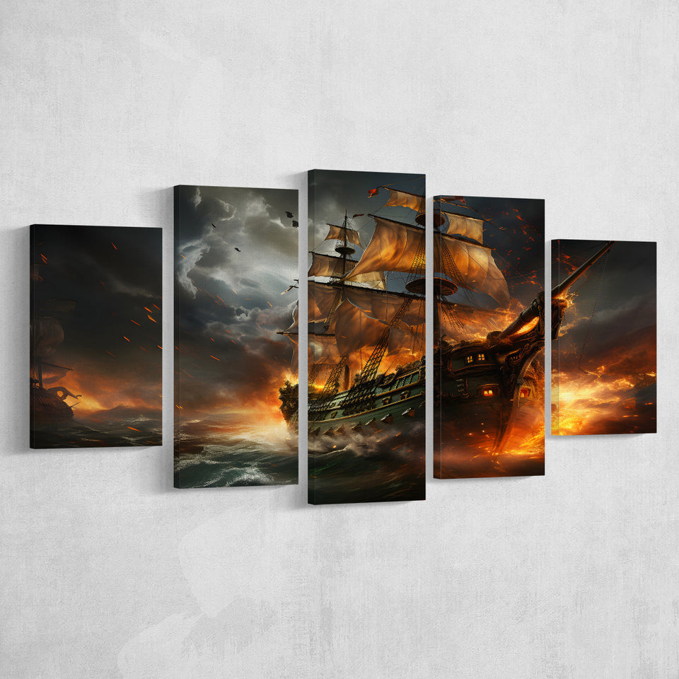Pirate Ship Running Away 5 Panels Canvas Prints Wall Art Home Decor, Large Mixed Canvas