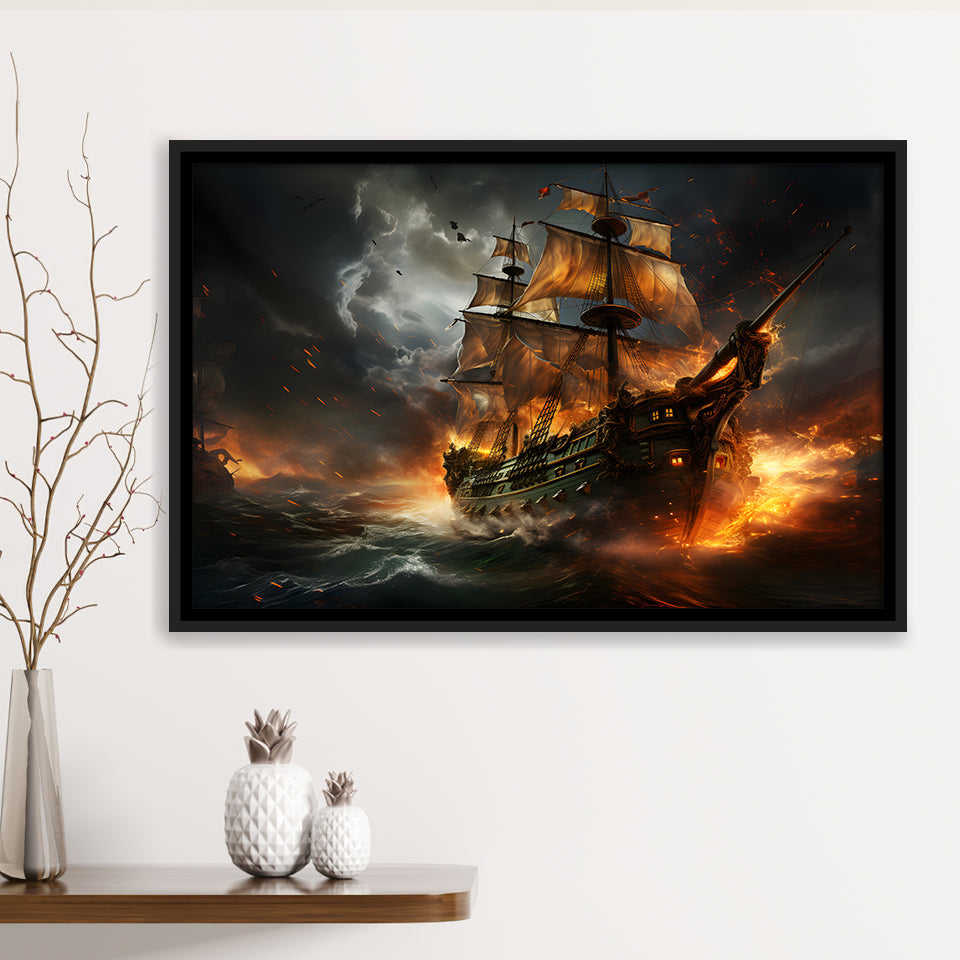 Pirate Ship Running Away Framed Canvas Prints Wall Art Home Decor, Painting Canvas, Floating Frame