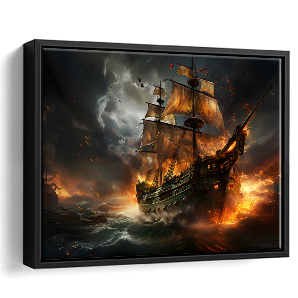 Pirate Ship Running Away Framed Canvas Prints Wall Art Home Decor, Painting Canvas, Floating Frame