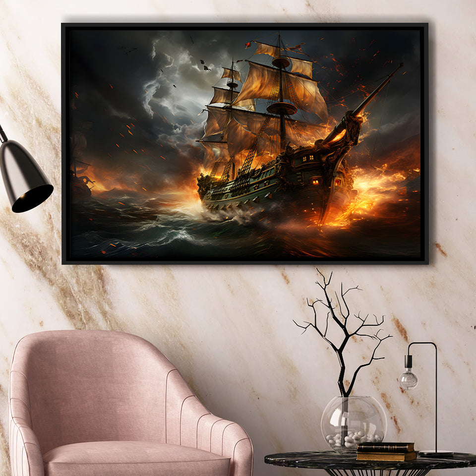 Pirate Ship Running Away Framed Canvas Prints Wall Art Home Decor, Painting Canvas, Floating Frame