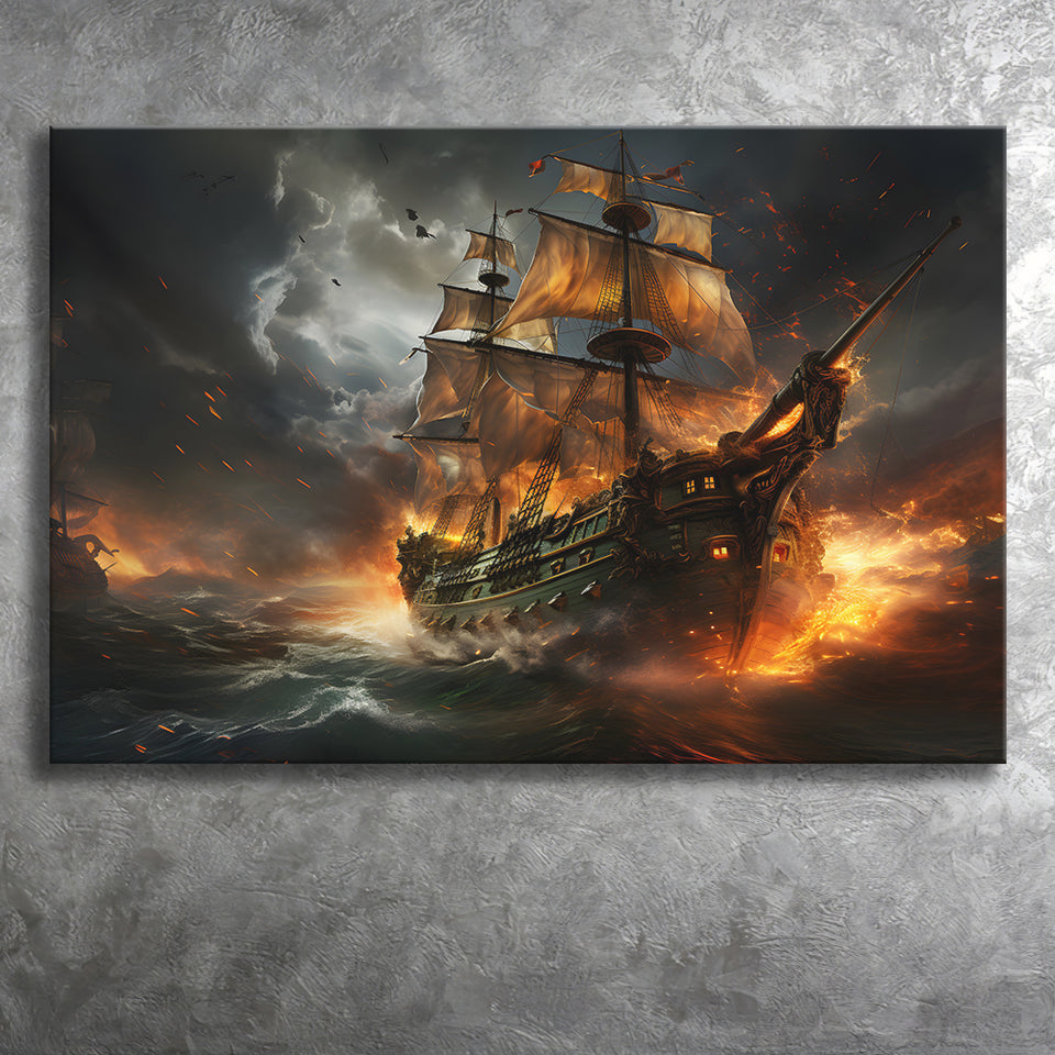Pirate Ship Running Away Canvas Prints Wall Art Home Decor, Painting Canvas, Living Room Wall Decor