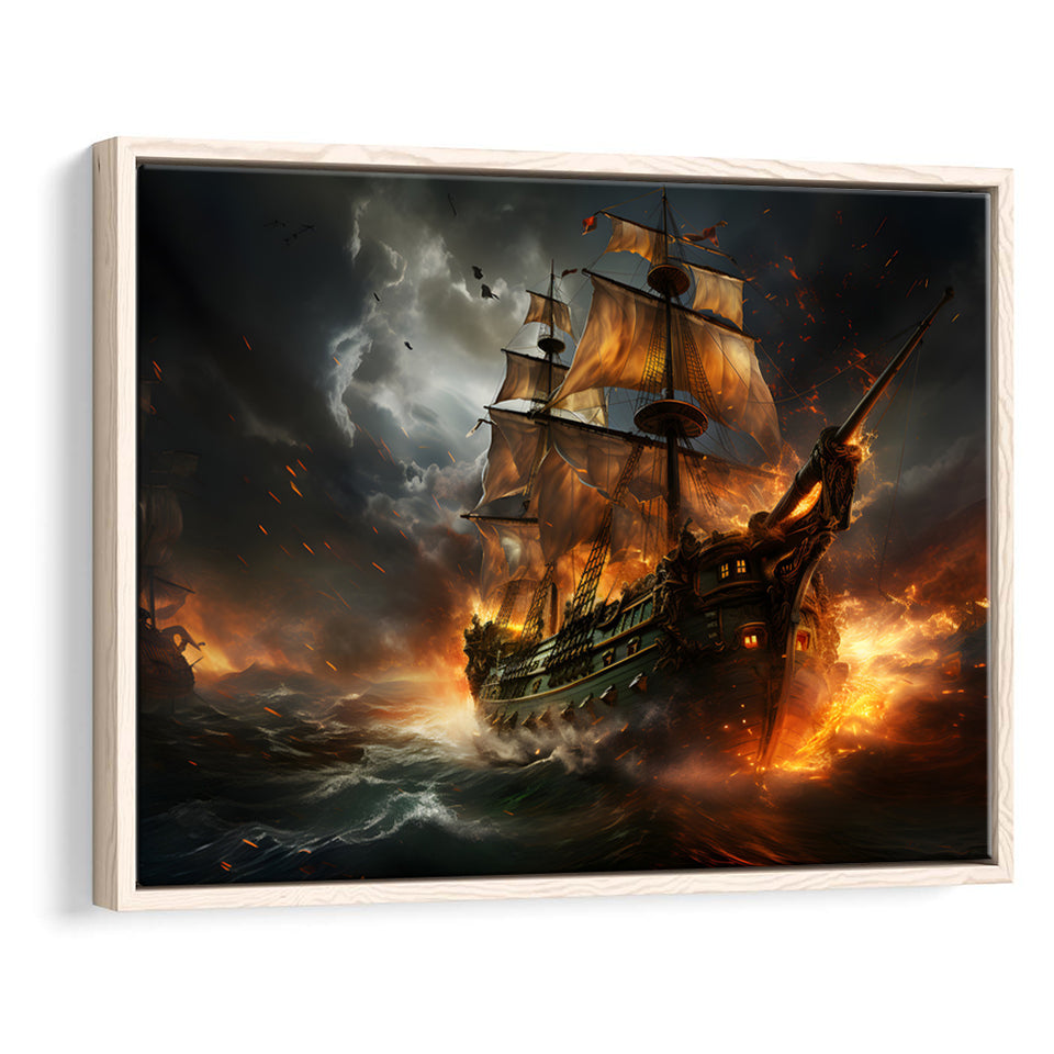 Pirate Ship Running Away Framed Canvas Prints Wall Art Home Decor, Painting Canvas, Floating Frame