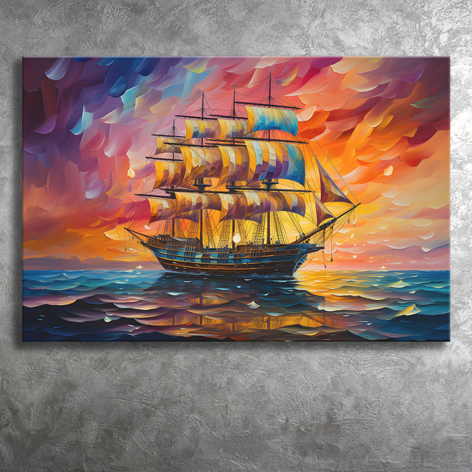 Pirate Ship Sailing In Sunset Oil Painting Canvas Prints Wall Art Home Decor, Painting Canvas, Living Room Wall Decor