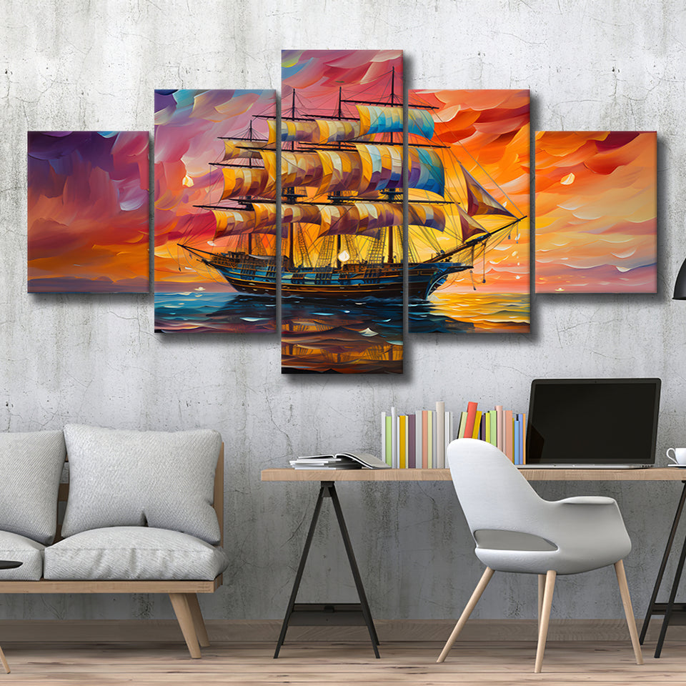 Pirate Ship Sailing In Sunset Oil Painting 5 Panels Canvas Prints Wall Art Home Decor, Large Mixed Canvas