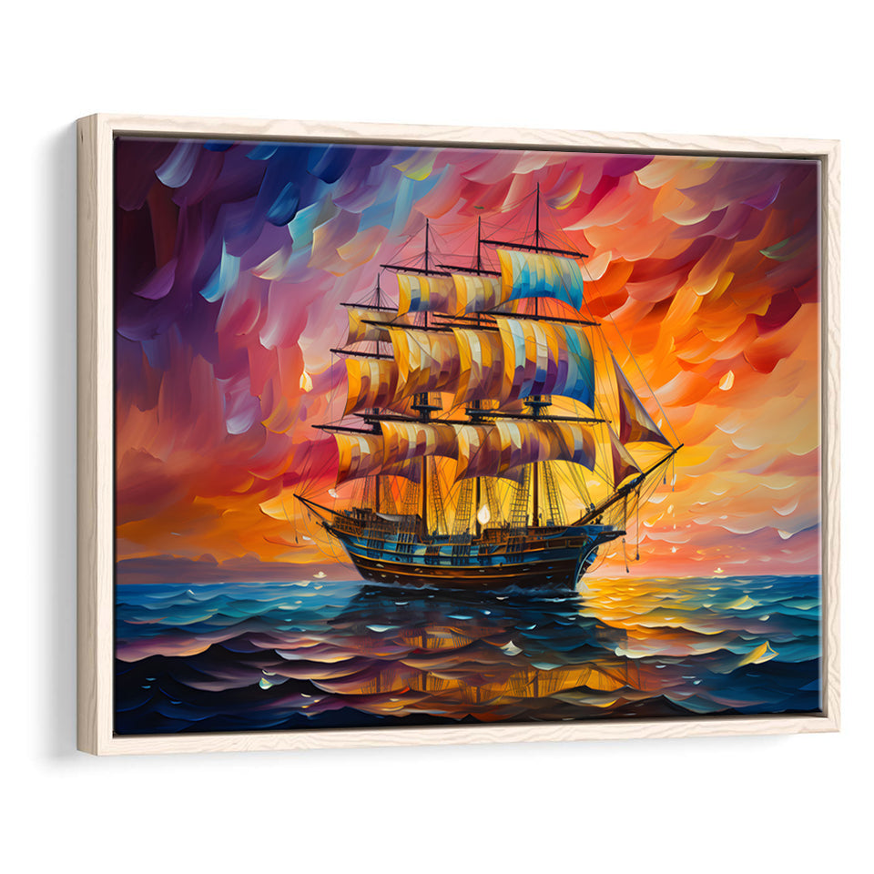 Pirate Ship Sailing In Sunset Oil Painting Framed Canvas Prints Wall Art Home Decor, Painting Canvas, Floating Frame