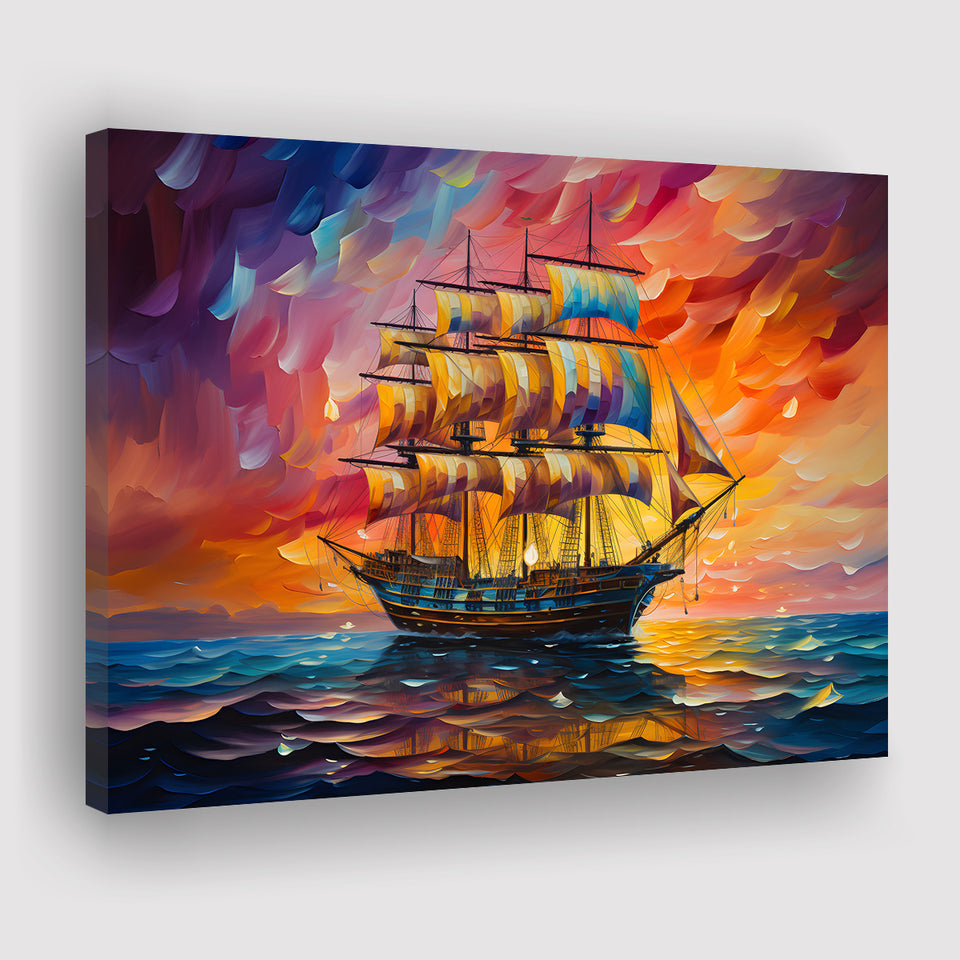 Pirate Ship Sailing In Sunset Oil Painting Canvas Prints Wall Art Home Decor, Painting Canvas, Living Room Wall Decor