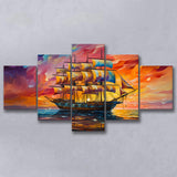 Pirate Ship Sailing In Sunset Oil Painting 5 Panels Canvas Prints Wall Art Home Decor, Large Mixed Canvas