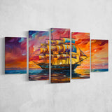 Pirate Ship Sailing In Sunset Oil Painting 5 Panels Canvas Prints Wall Art Home Decor, Large Mixed Canvas