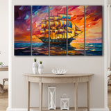 Pirate Ship Sailing In Sunset Oil Painting 5 Panels B Canvas Prints Wall Art Home Decor, Extra Large Canvas